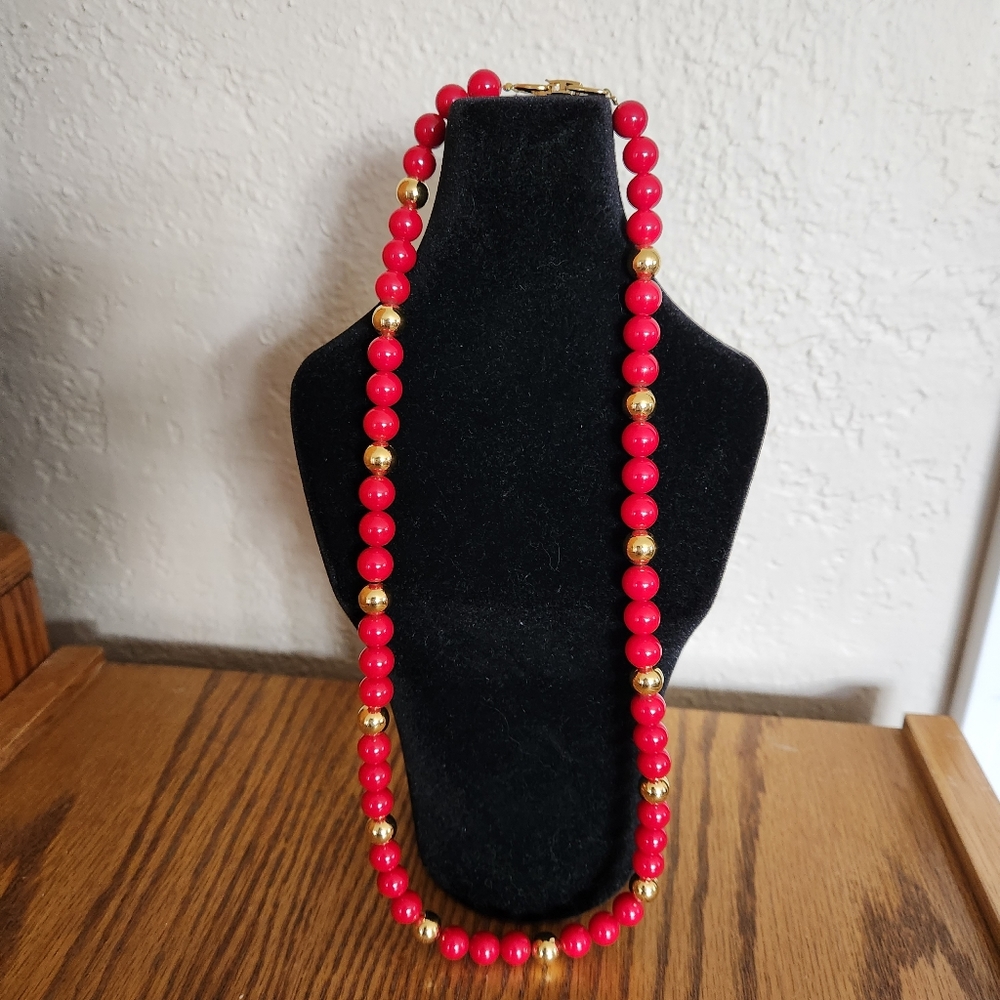 VINTAGE SIGNED NAPIER 24" RED GOLD BEAD NECKLACE